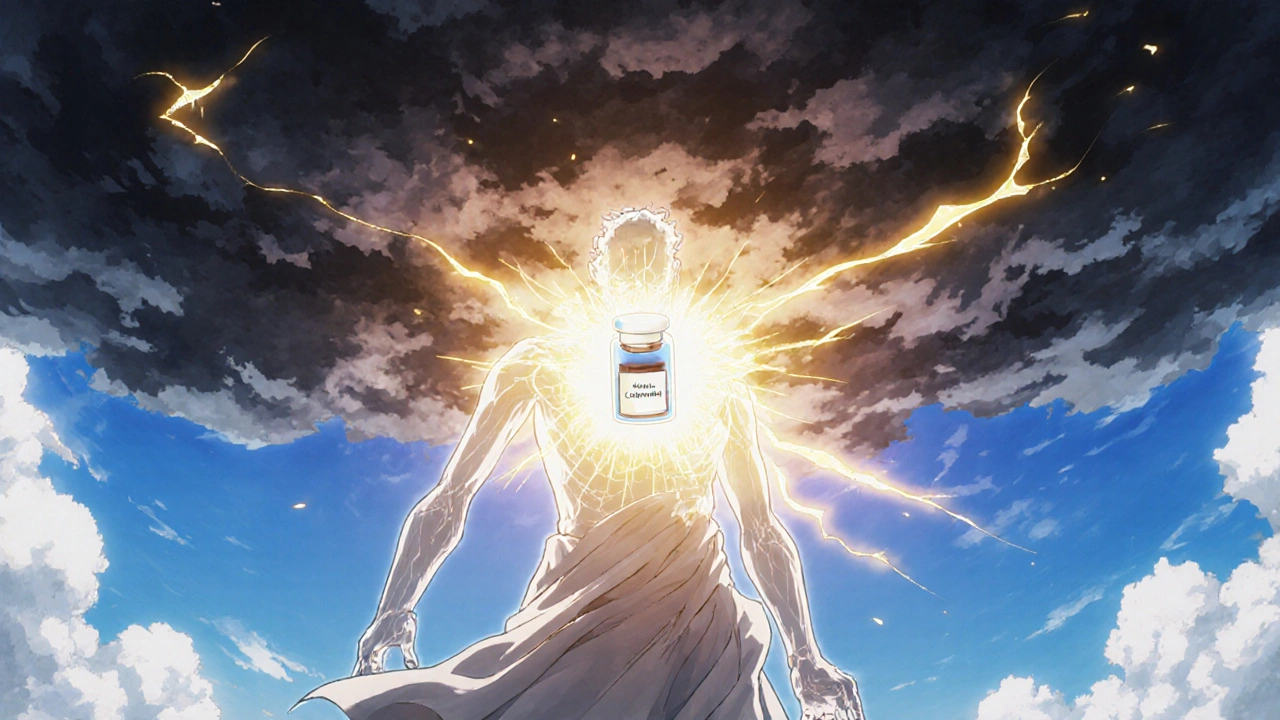 A person holding a glowing vial, using golden energy to dispel shadowy stress clouds inside their mind.