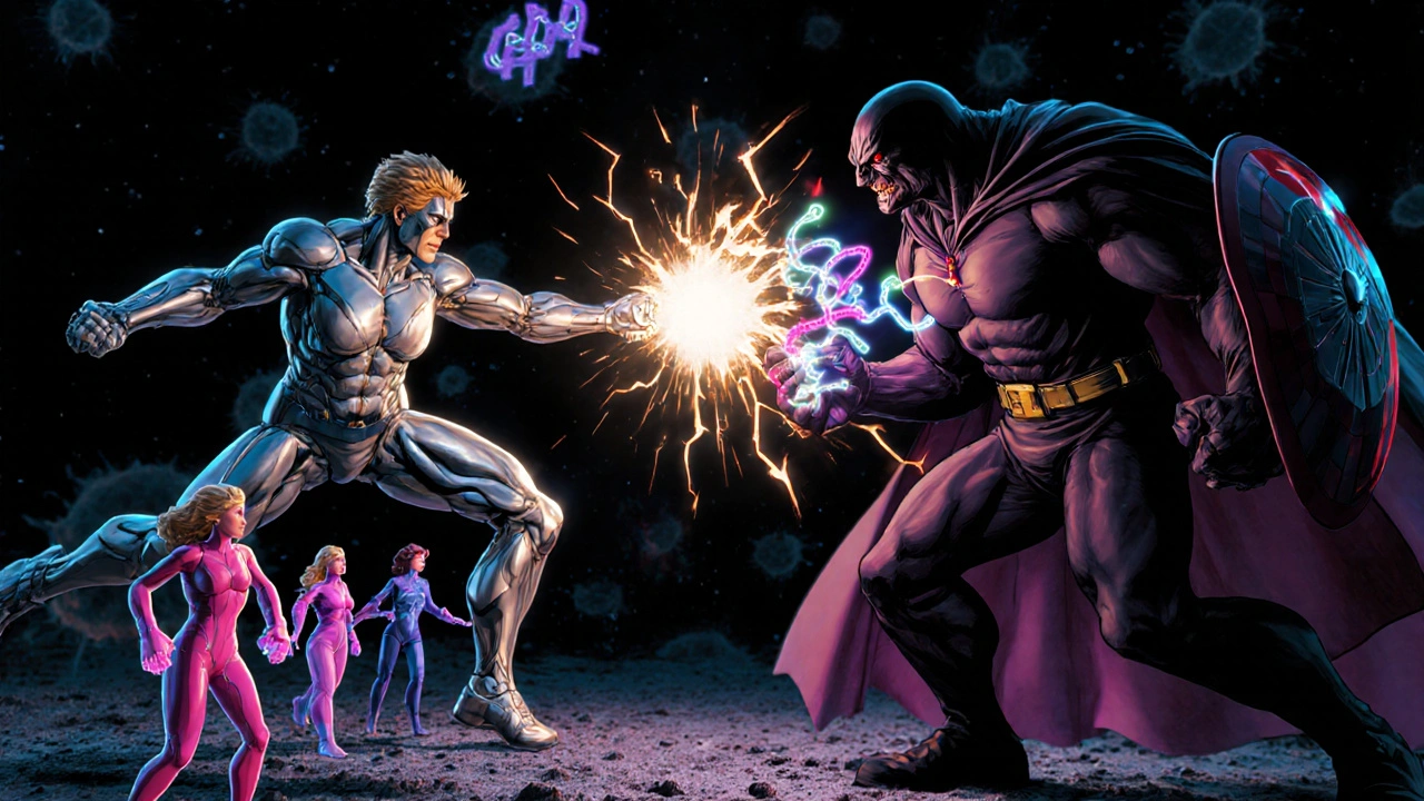 Aromasin superhero molecule fires a blast that permanently binds to an enzyme villain.