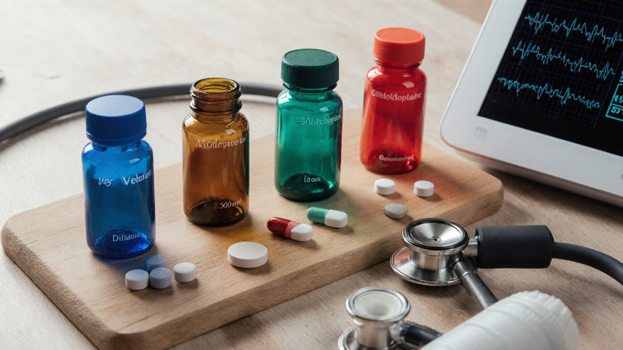 Assortment of five medication bottles and pills arranged on a wooden surface.