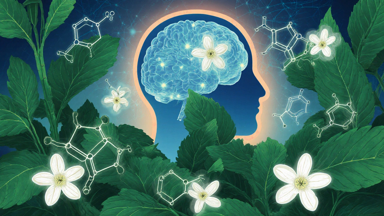 Bacopa monnieri plant with glowing bacoside molecules and a brain backdrop.
