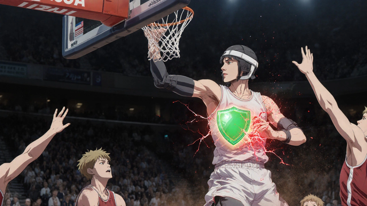 Basketball player in mid-air with protective shield symbolizing safety strategies against bleeding risk.