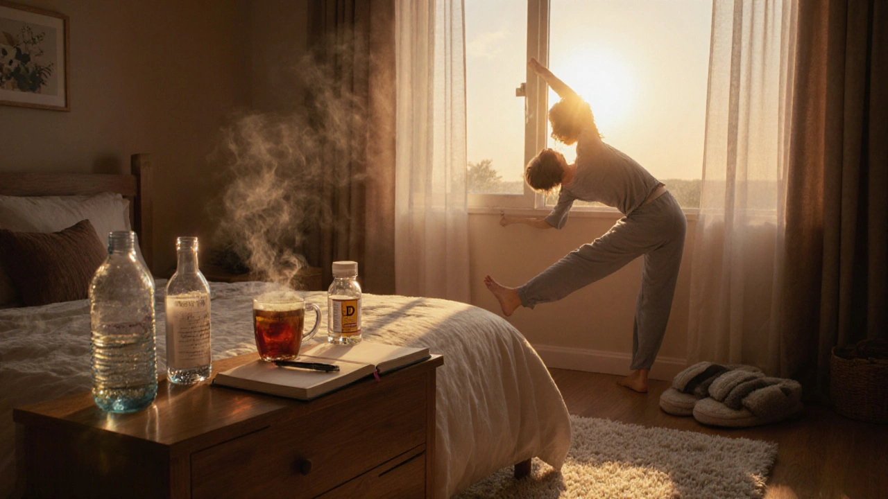 Bedroom sunrise scene with tea, water, vitamin D, journal, and person stretching.