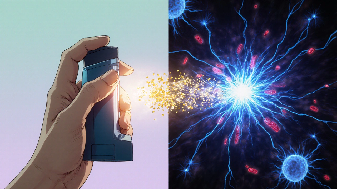 Close-up of inhaler releasing golden and blue visual effects representing its two components.