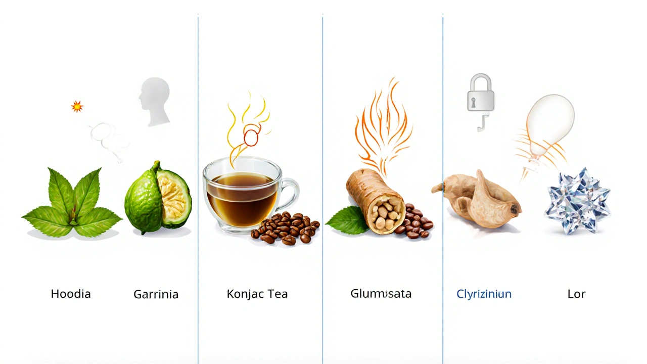 Collage of seven natural appetite suppressors with visual symbols for their actions.