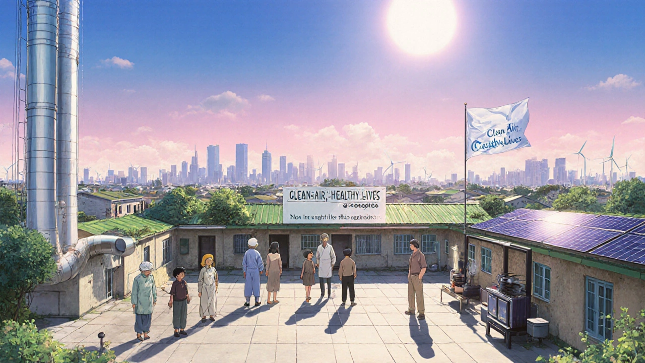 Community center after upgrades with new ventilation, clean stoves, and clear sky over city.
