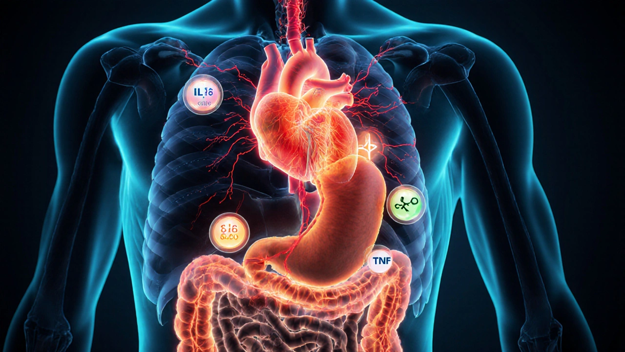 Concept art of glowing inflammatory signals moving from a damaged stomach to a beating heart.