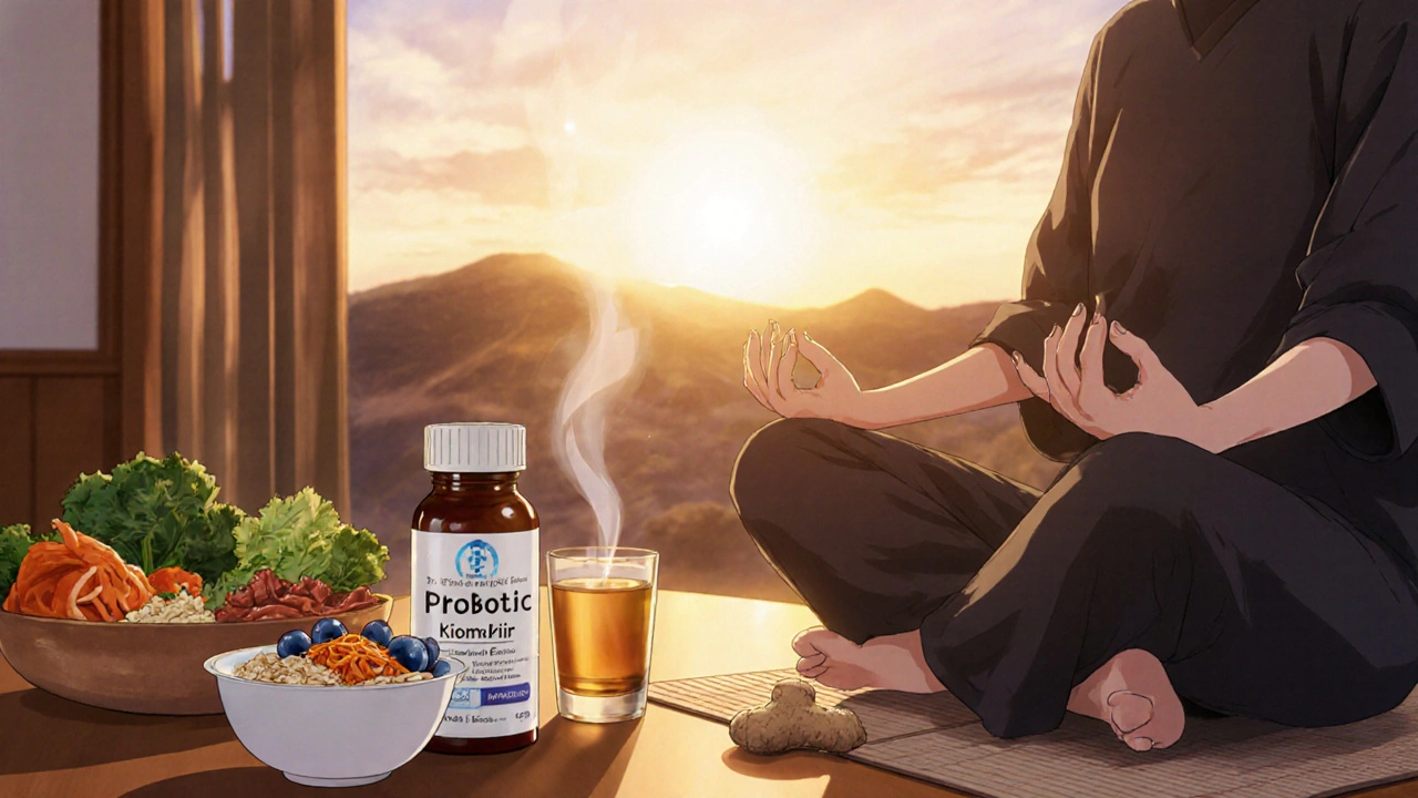 Cozy kitchen with probiotic bottle, fermented foods, and a meditating figure.