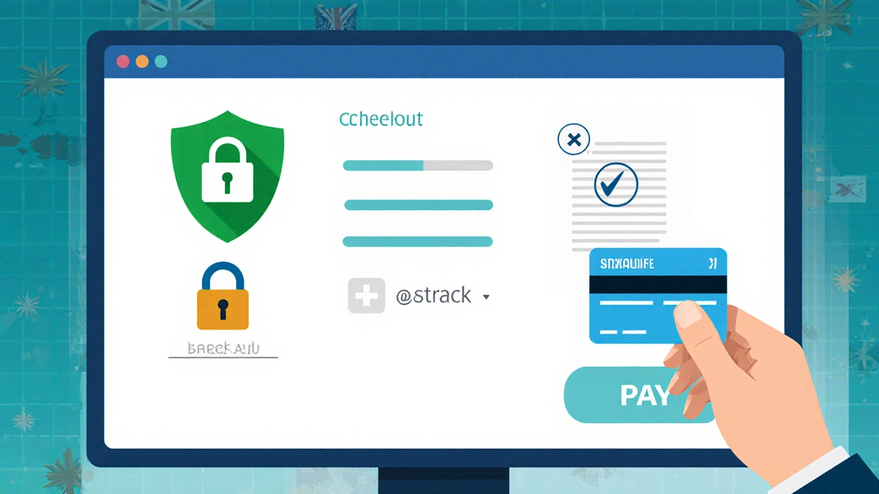 Digital illustration of secure online pharmacy checkout with padlock and prescription upload.