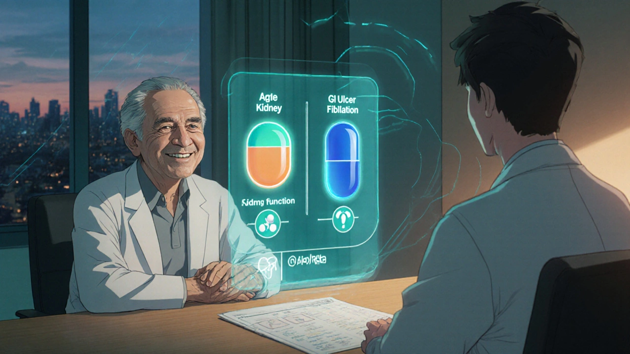 Doctor and elderly patient discussing treatment options with holographic charts.