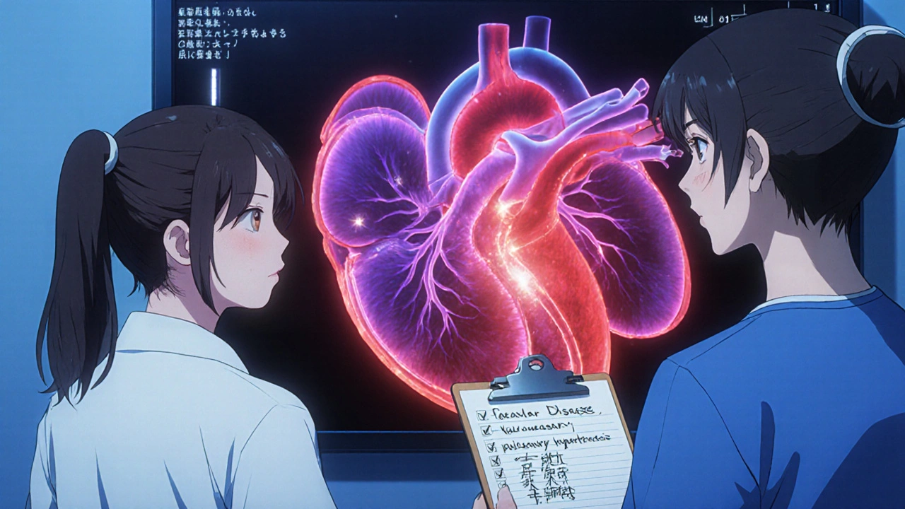 Echo screen shows thickened heart valves while patient watches anxiously.