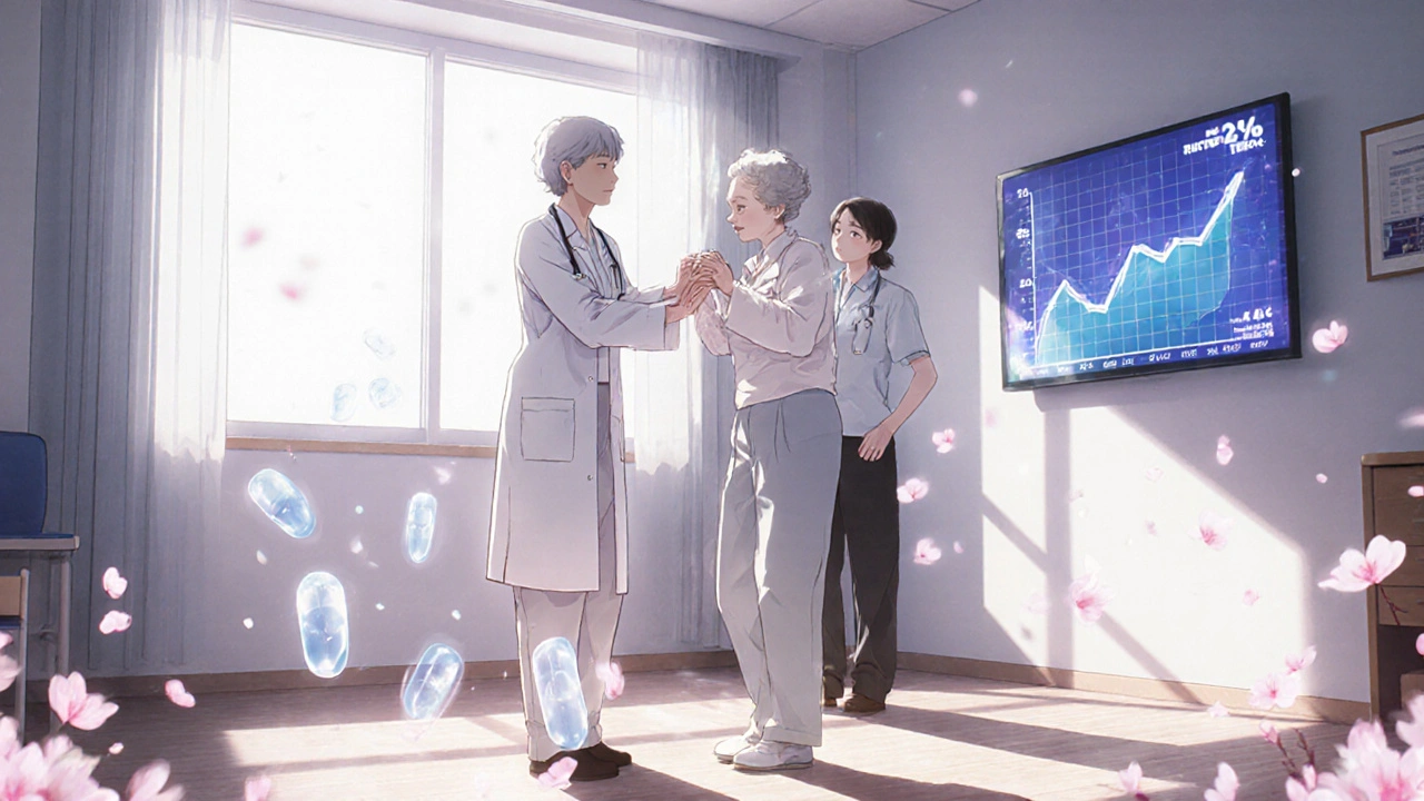 Elderly patient practicing balance with geriatrician and physical therapist, dissolving pills in background.