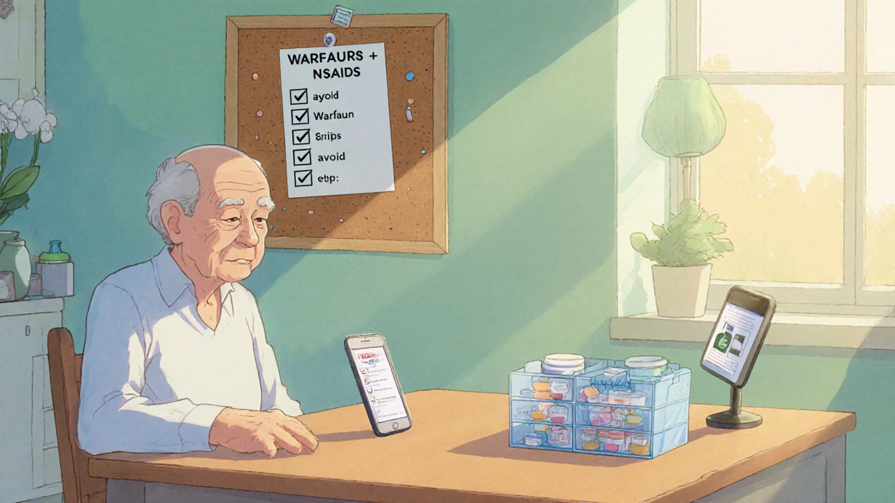 Elderly patient reviews medication list with phone app and checklist on the table.