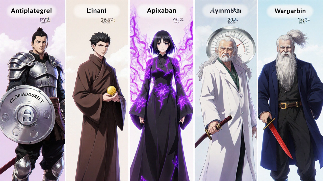 Five anime characters personify Clopidogrel, Aspirin, Apixaban, Rivaroxaban, and Warfarin.