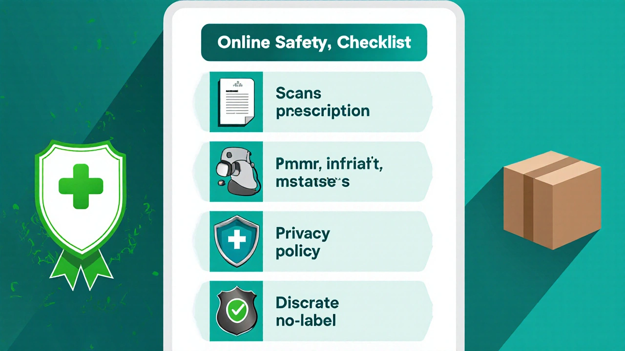 Flat‑design safety checklist icons for verified online pharmacy purchase.