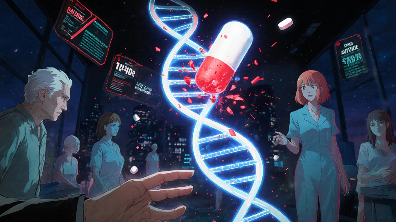 Genetic helix reacting to medication, patient silhouettes with warning auras