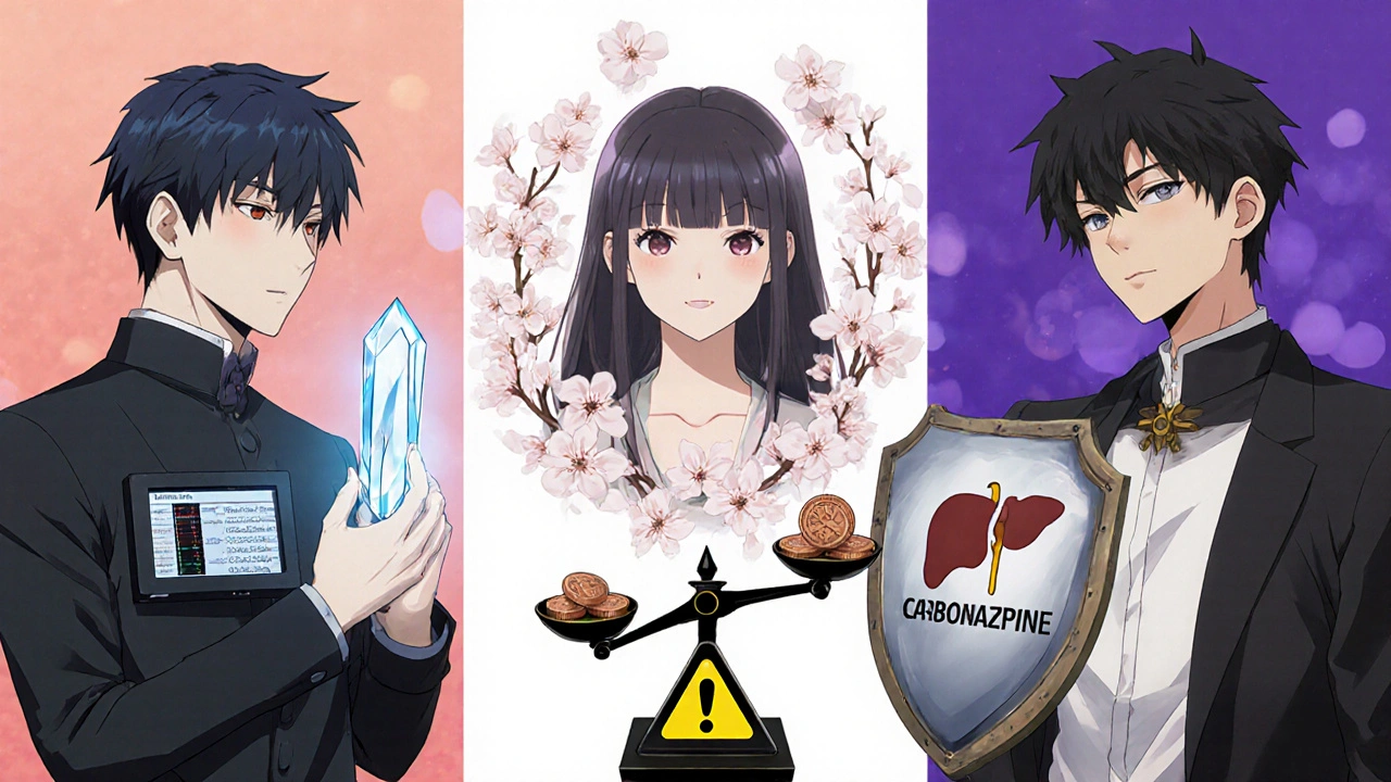 Illustrated comparison of Lithium, Lamotrigine, and Carbamazepine with icons.