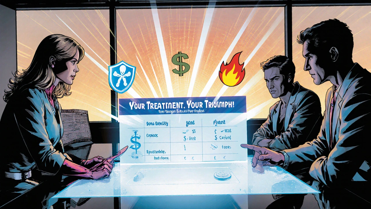 Medical team reviews a holographic drug comparison chart, highlighting side‑effects and cost.