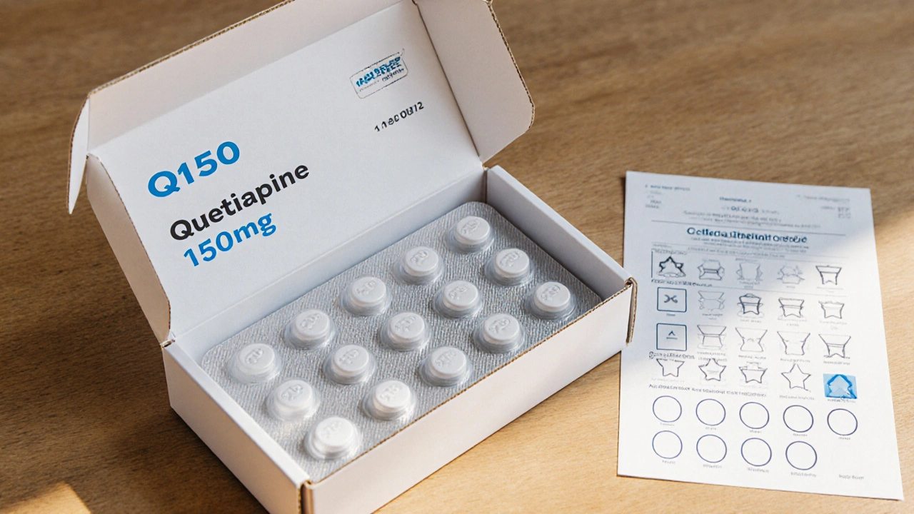 Opened medication box showing quetiapine tablets and imprint guide for verification.
