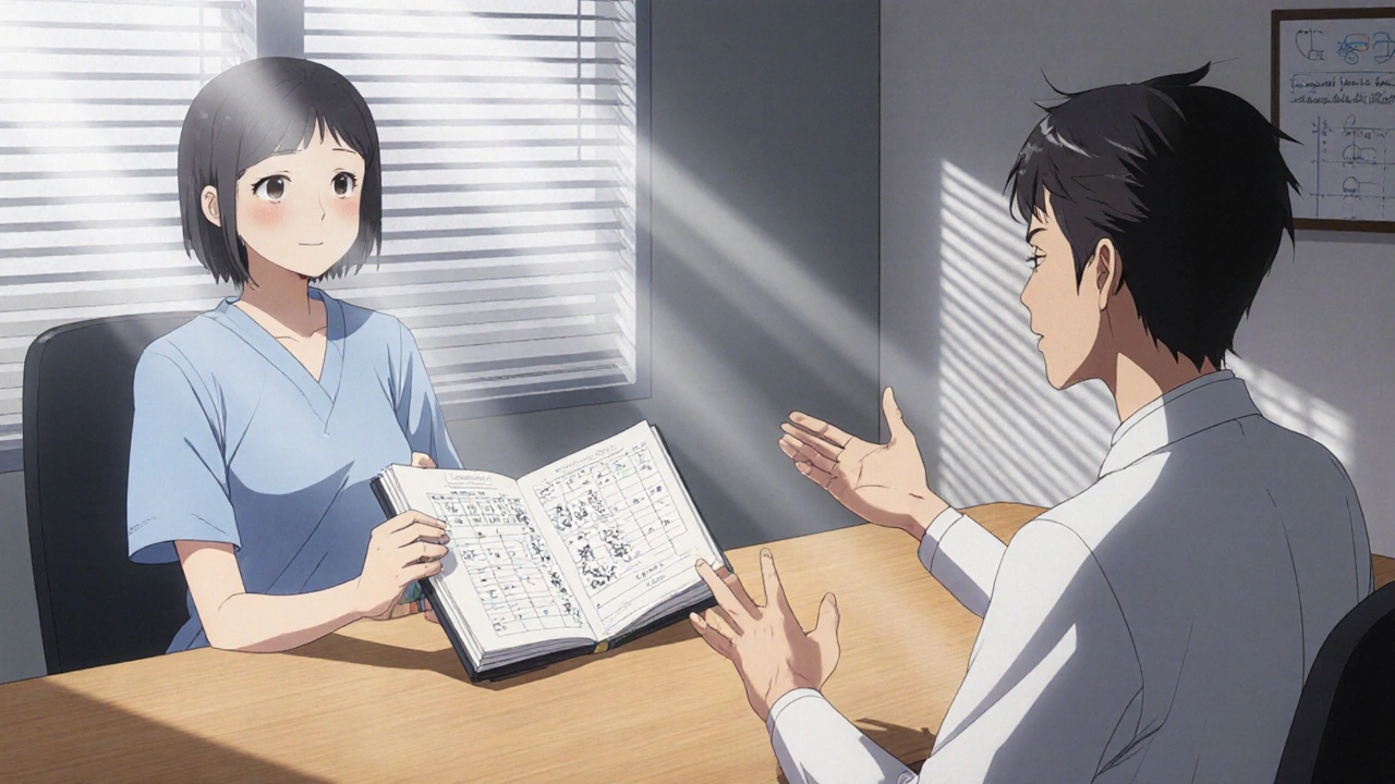 Patient showing a side‑effect journal to a doctor in a calm clinic setting.