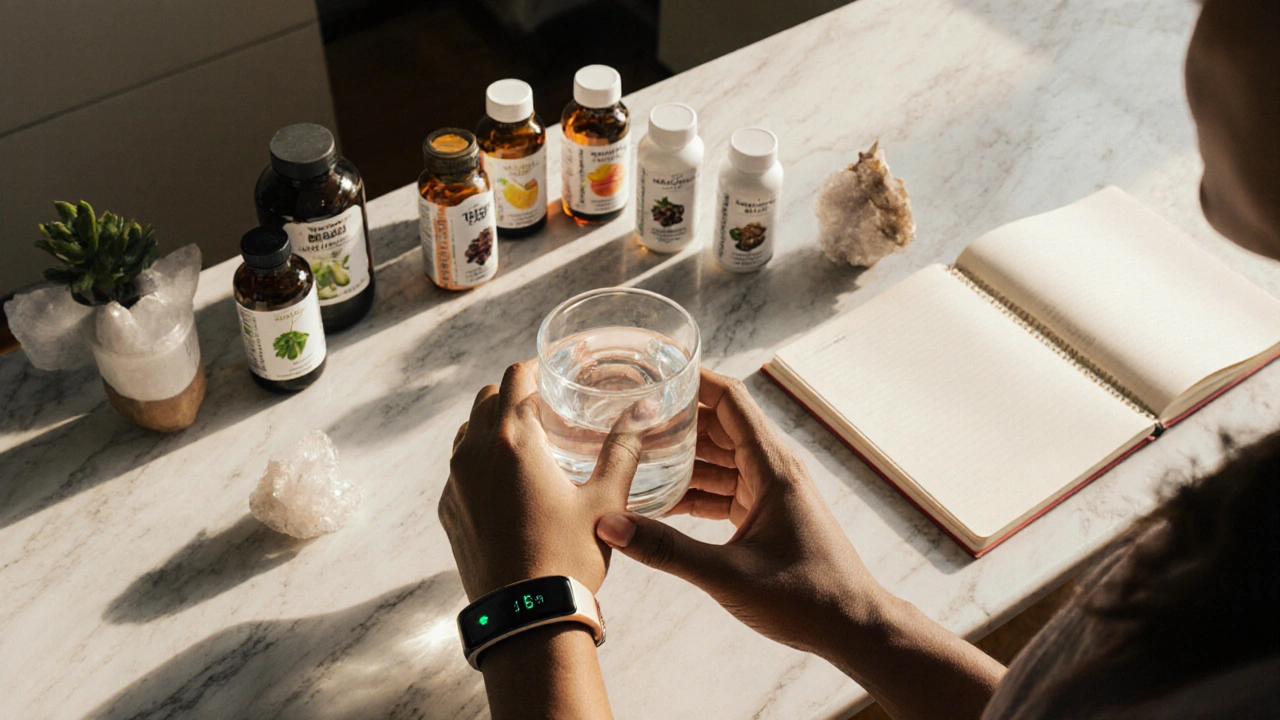 Person in kitchen selecting supplement bottles, holding water, with a fitness tracker and journal.
