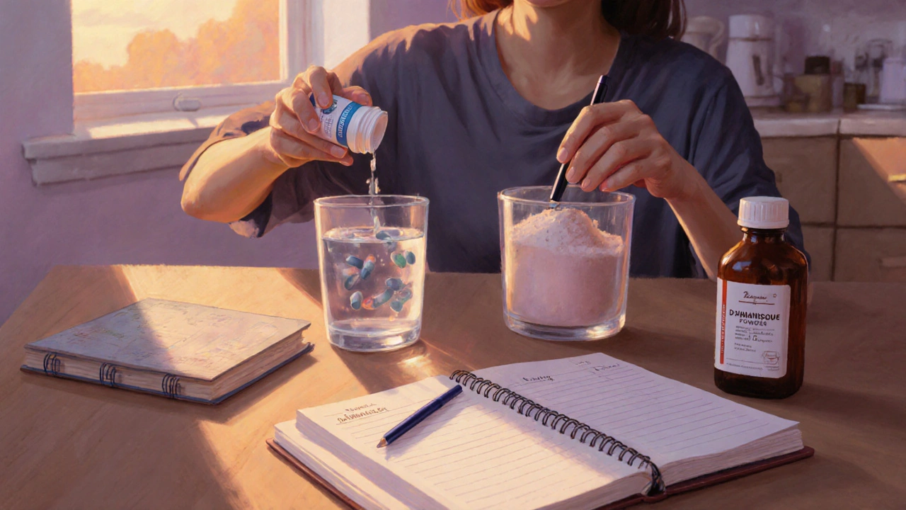 Person logging symptoms while taking magnesium and D‑mannose in a cozy kitchen.
