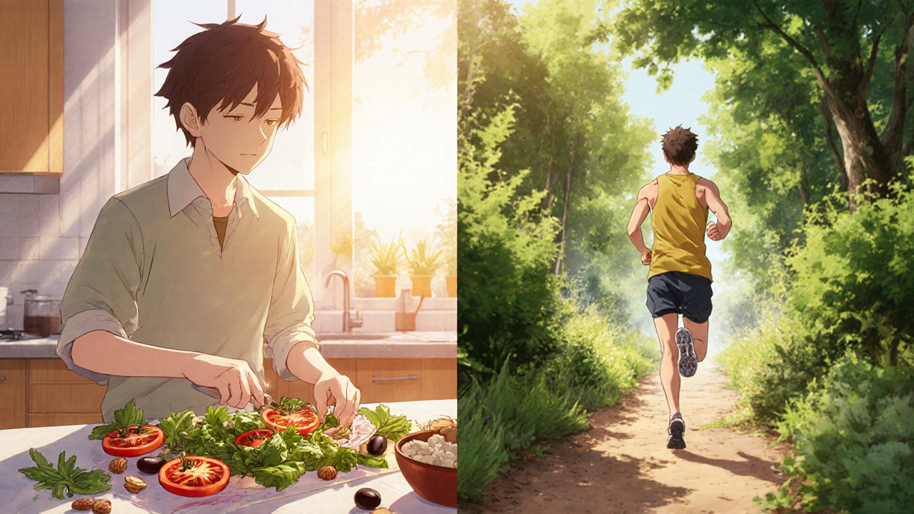 Person preparing a healthy Mediterranean meal and jogging in a sunny garden.