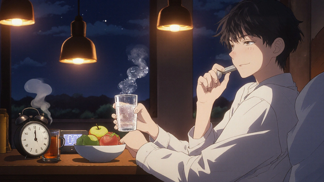 Person sipping water, chewing gum, and holding tea in a warm kitchen practicing self‑care.