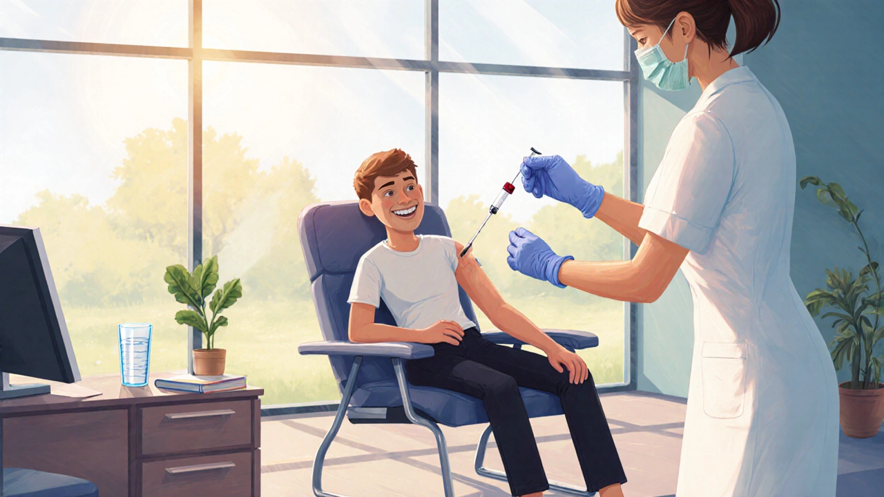 Person smiling after flu vaccination in bright clinic, with subtle wellness hints.