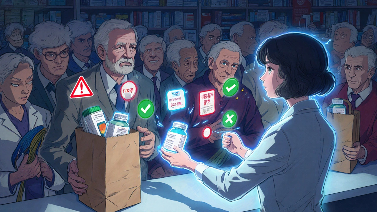 Pharmacist analyzing a brown bag of pills with glowing risk indicators as an elderly man watches closely.