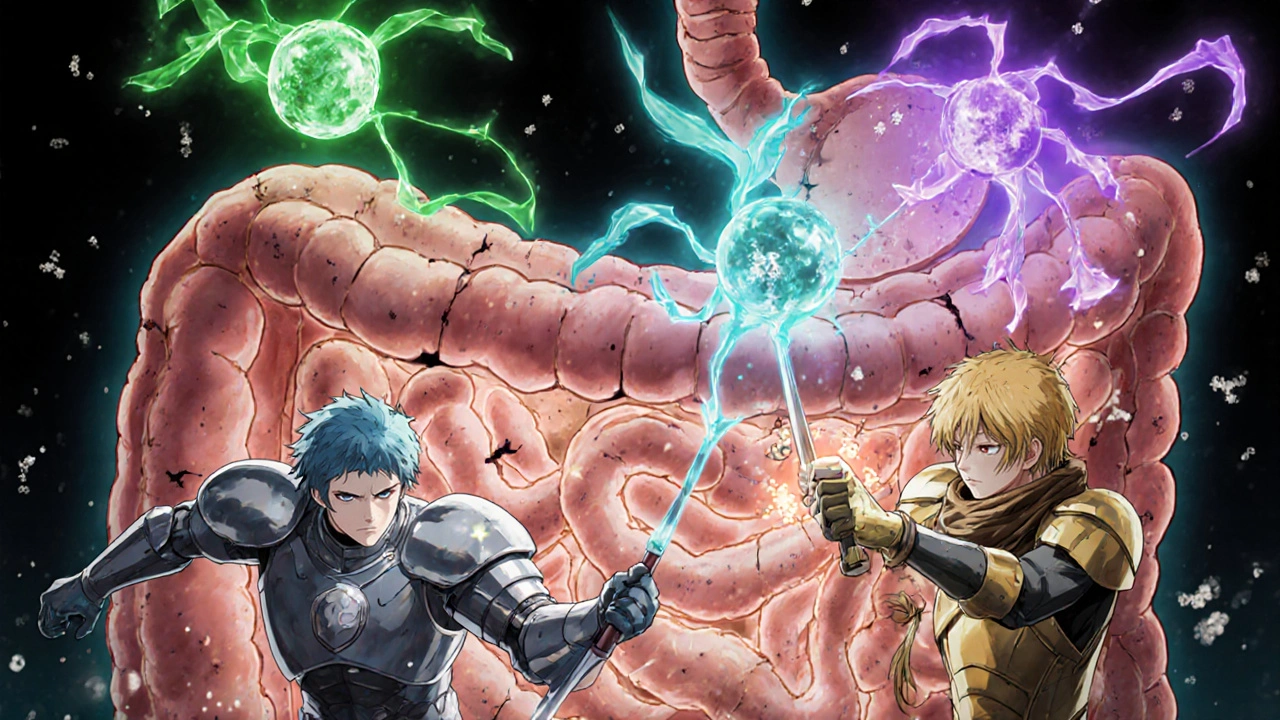 Probiotic heroes in bright colors repairing cracks in an intestinal wall.