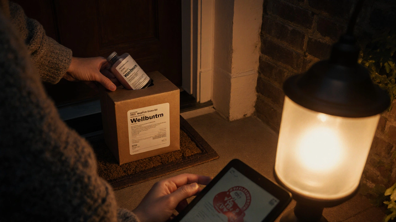Recipient opening discreet package containing generic Wellbutrin, comparing label to prescription.