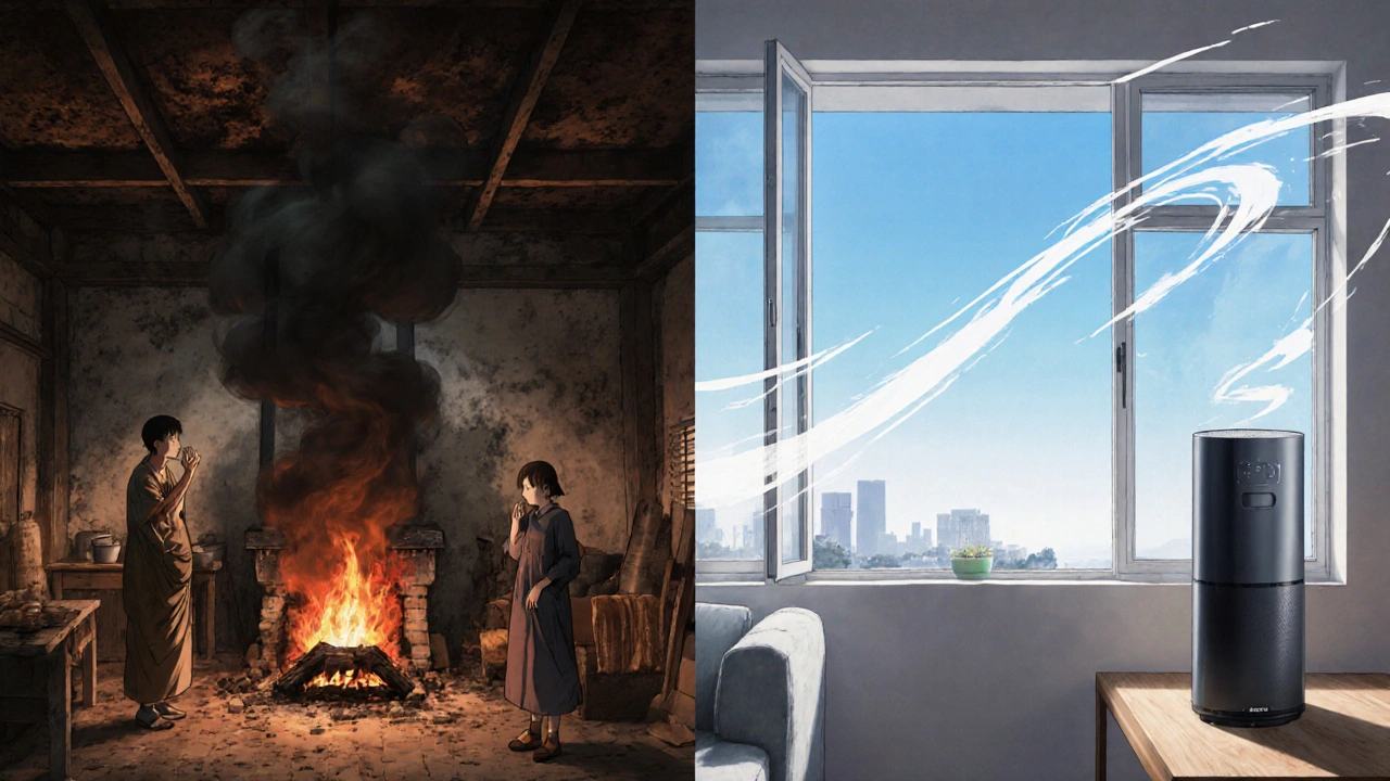 Split scene showing a smoky traditional kitchen versus a bright, ventilated modern apartment with a HEPA filter.