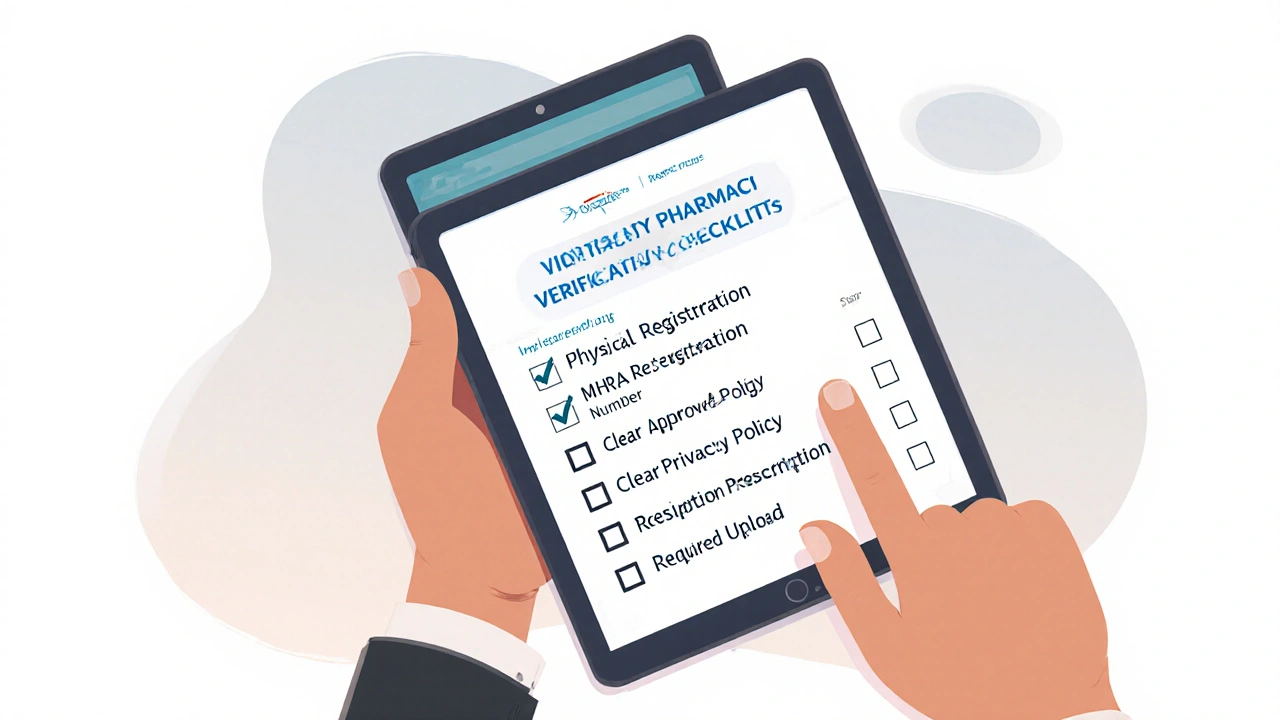 Tablet displaying a ticked verification checklist for safe online pharmacy.