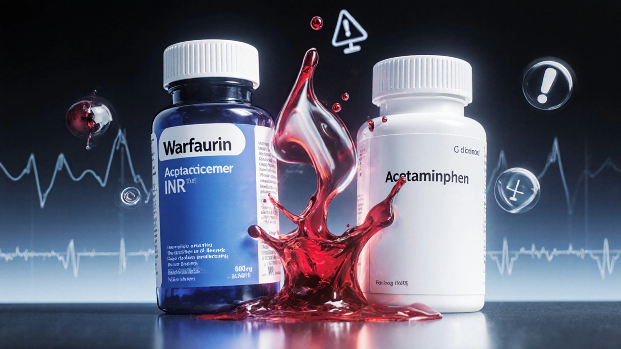 Warfarin and acetaminophen bottles collide, spilling red liquid and an INR gauge spikes.