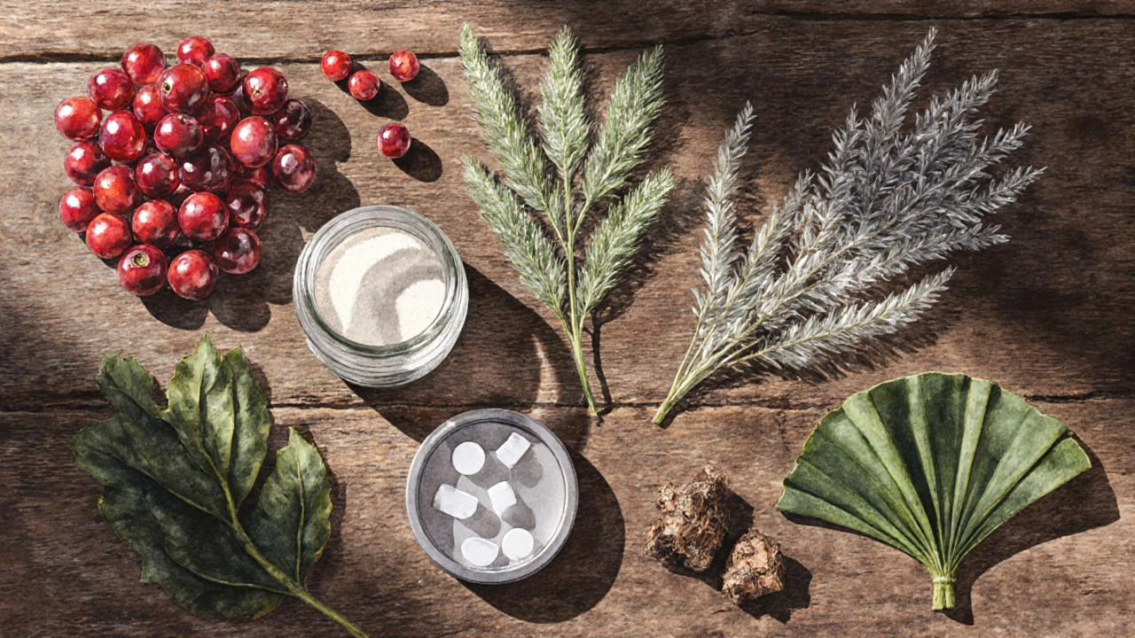 Watercolor layout of eight bladder‑support herbs and supplements on a wooden surface.