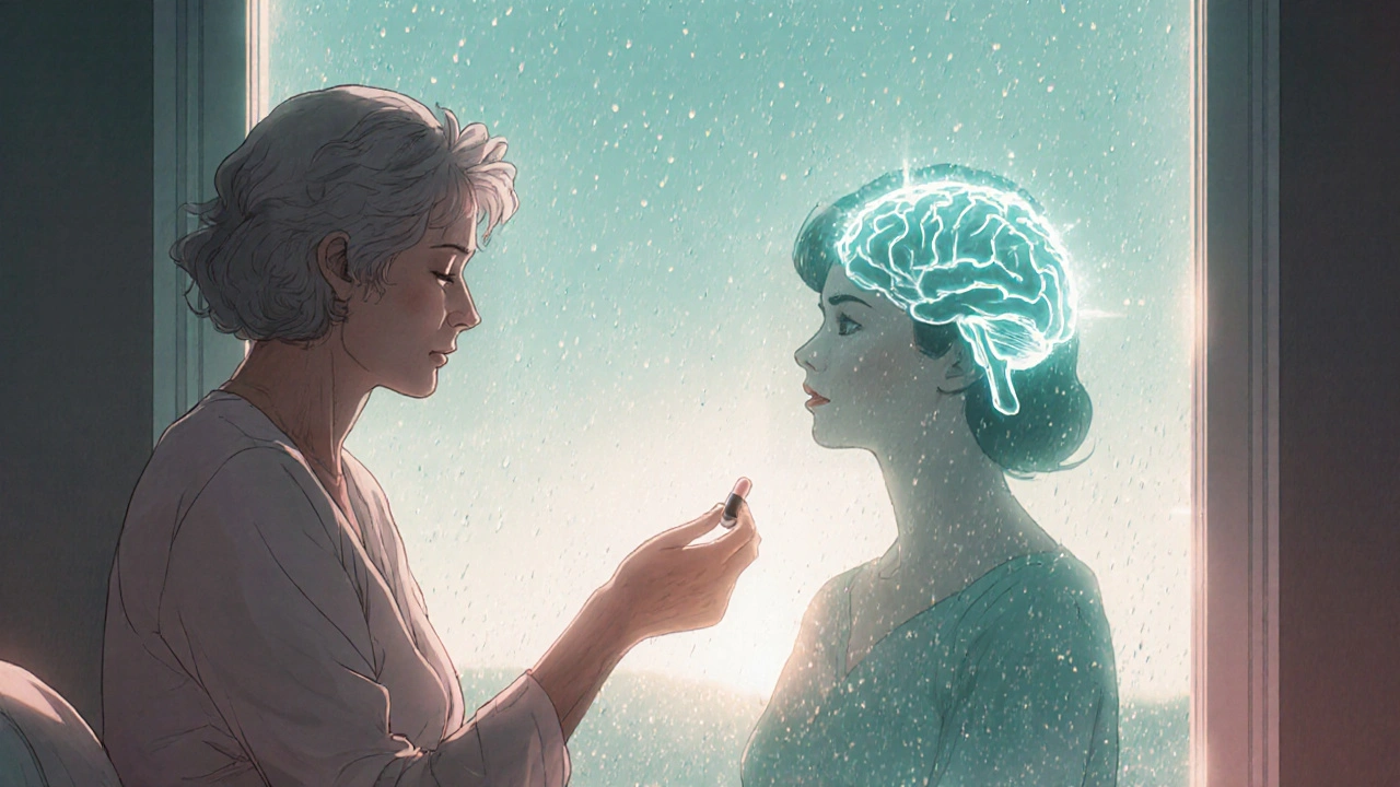 Woman by a rainy window, her shadow transforming into a brighter version of herself as brainwave patterns ripple in the rain.