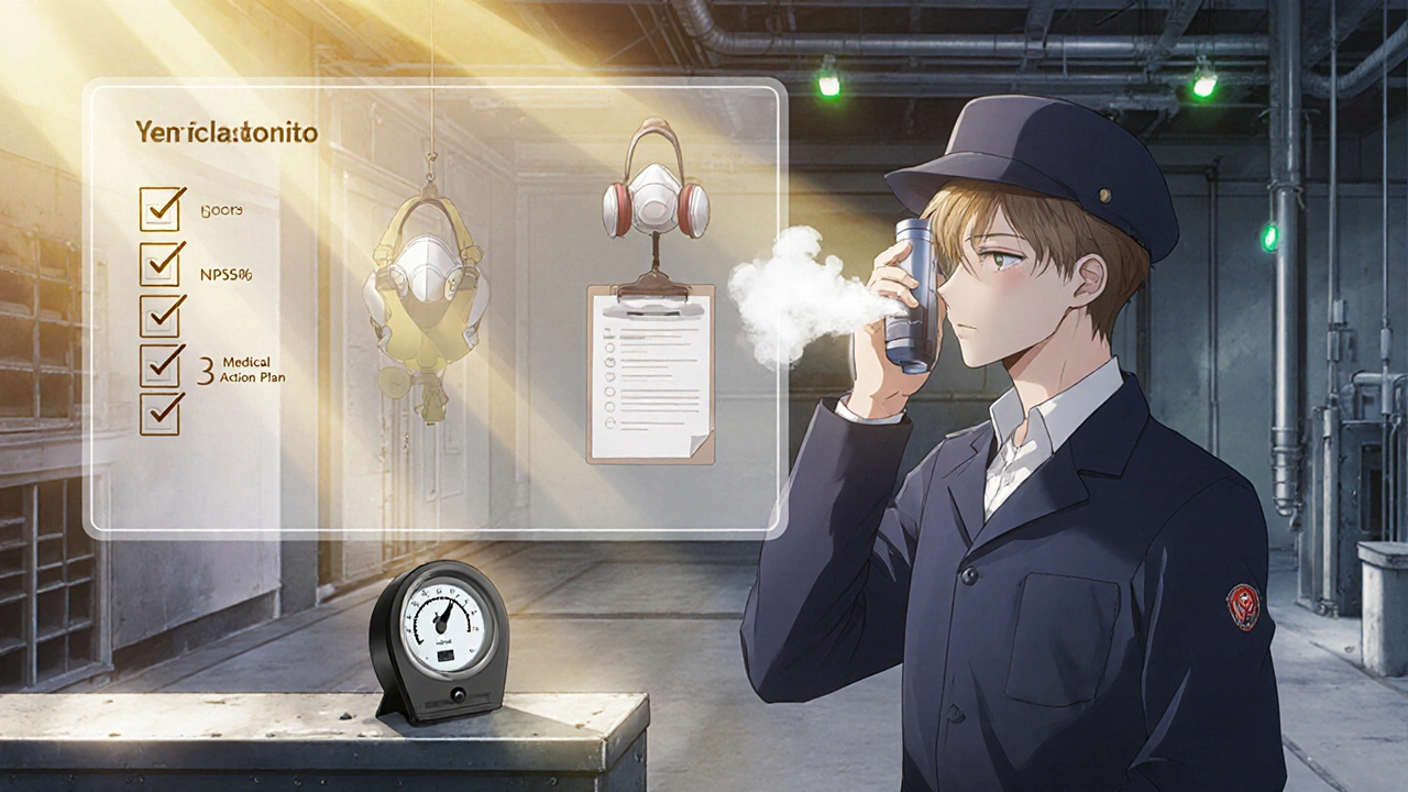 Worker using inhaler on a factory floor with peak‑flow meter and safety equipment nearby.