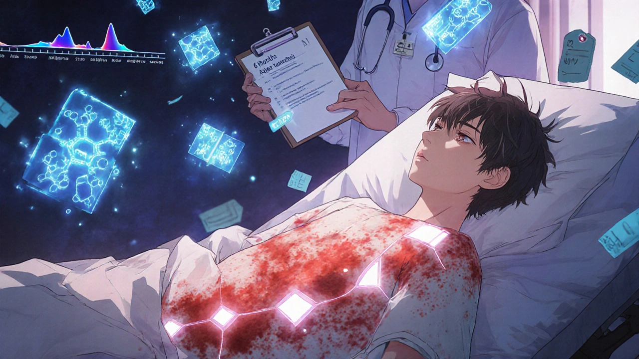 Young man with glowing rash and floating drug molecules in hospital setting