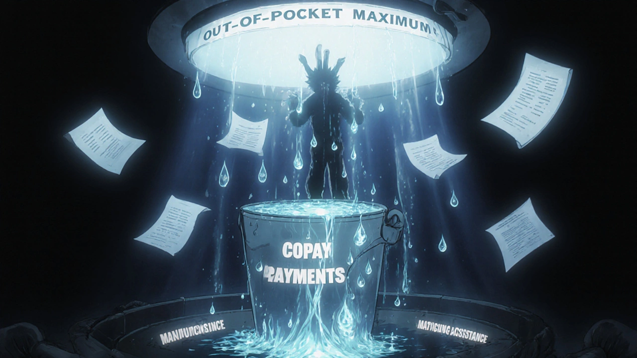 A bucket filled with glowing payments draining through a hidden hole, patient reaching toward an unreachable goal.