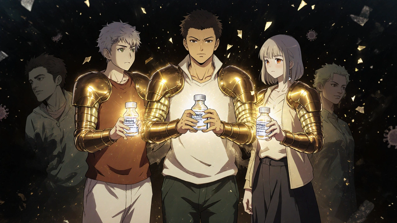 A group of immunocompromised individuals protected by golden Shingrix energy.