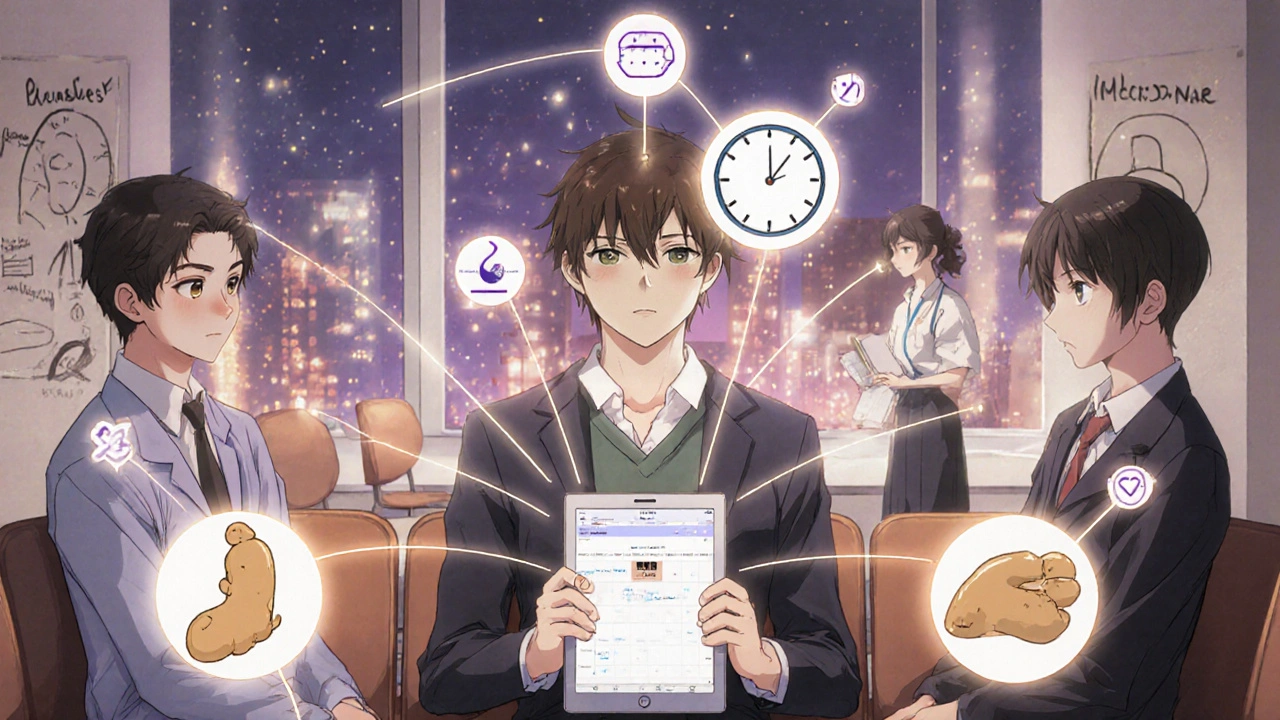 A group of patients in a clinic, each surrounded by personalized symbols of nausea relief and a digital tracker.