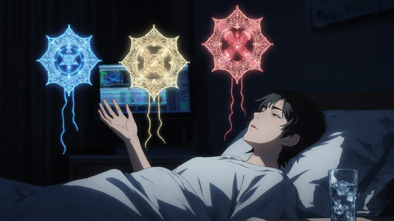 A patient in bed with glowing medication symbols above them as dark nausea shadows recede at night.