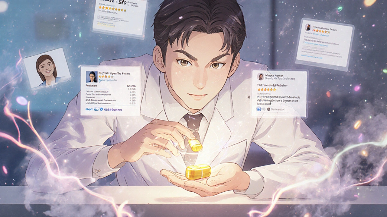 A pharmacist gives a patient a generic pill, surrounded by glowing FDA data and positive review images.