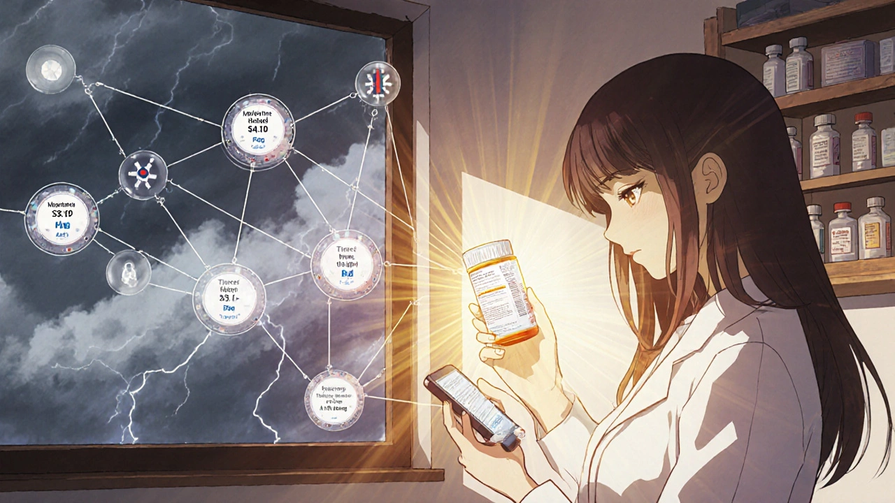 A rural pharmacist sees a radiant blockchain chain of custody glow behind her as she verifies a medication.