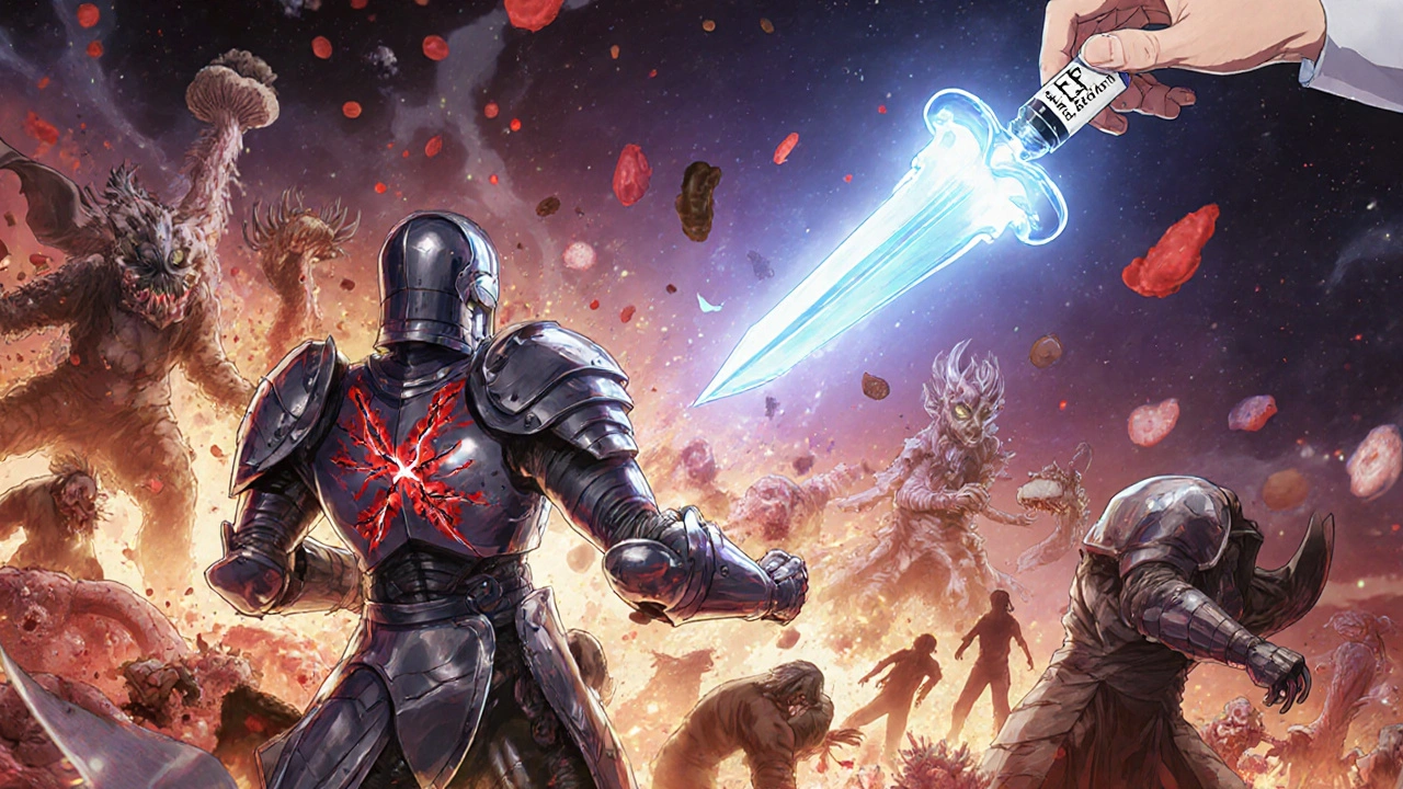 A surreal battlefield inside the liver where antifungal drugs fight fungal infections under a rising new treatment.