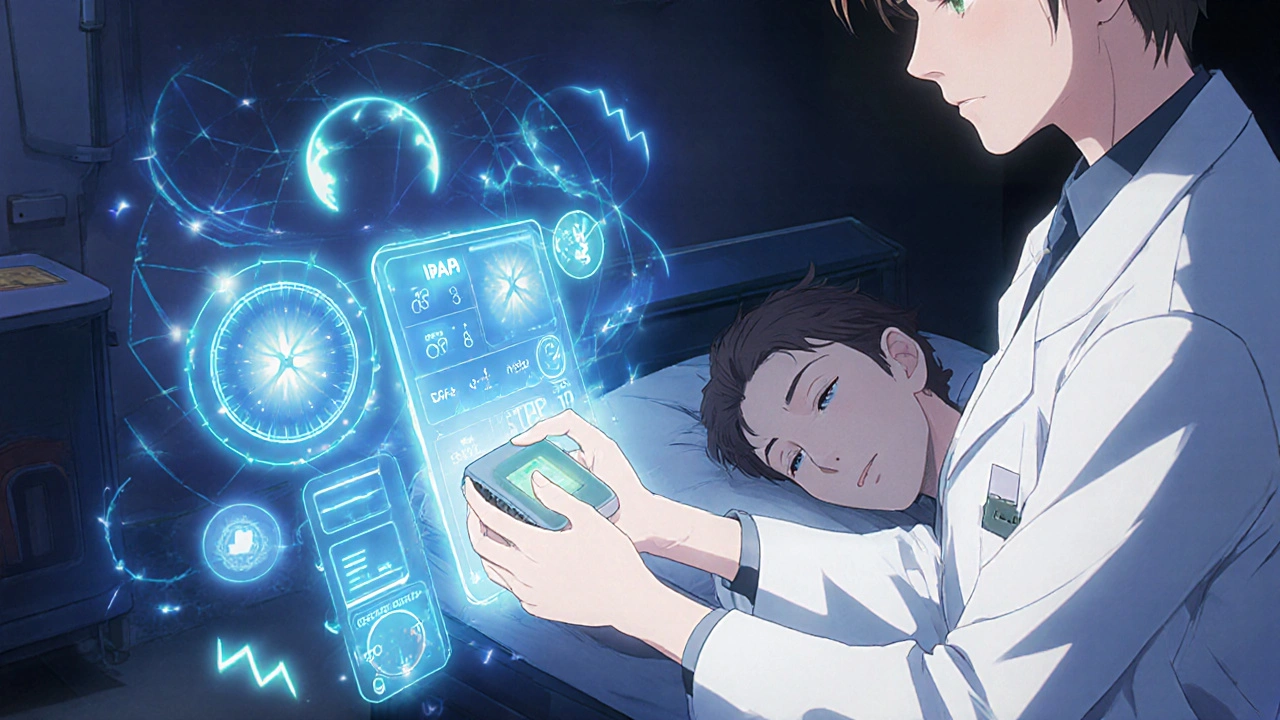 A therapist adjusting a BiPAP machine with holographic data, patient sleeping peacefully in the background.