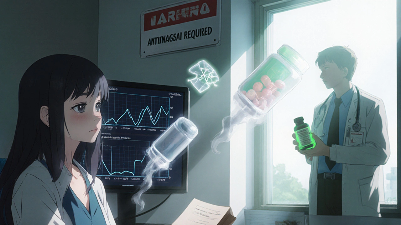 A woman in a doctor&#039;s office with floating antifungal pills and rising liver enzyme graphs in the background.