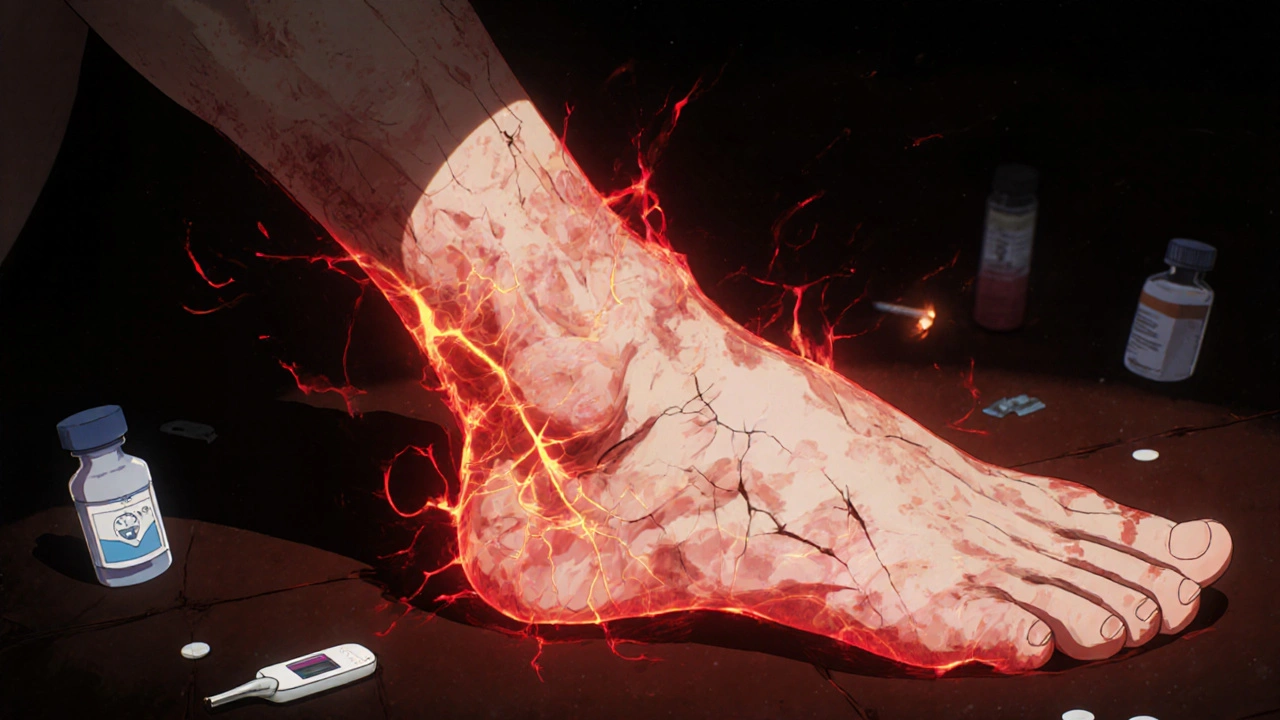 Adult leg with swollen, red, glowing skin showing signs of deep cellulitis infection.