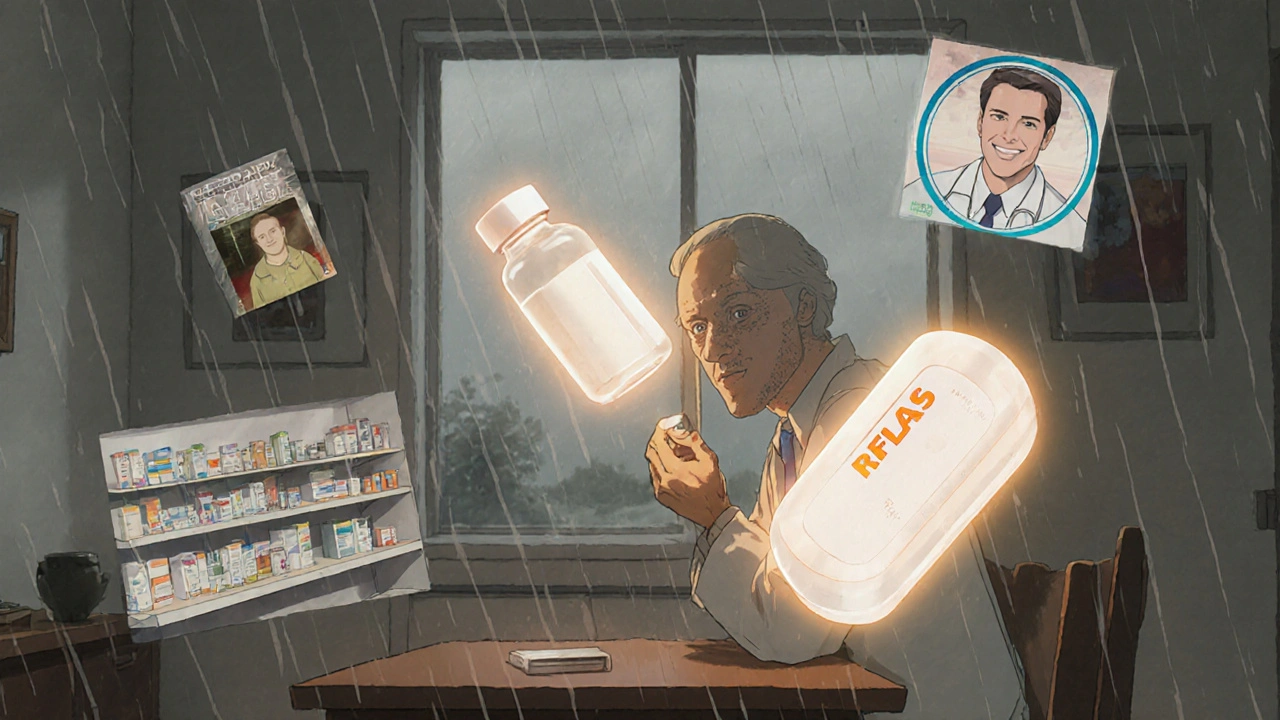 An elderly person stares at a generic pill as memories and a ghostly brand-name version float nearby.