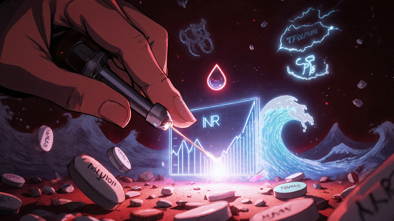 Close-up of a blood drop forming a rising INR graph, surrounded by swirling pill fragments.